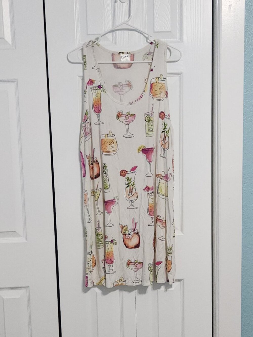 Soma Intimates Cocktail Print Nightgown Chemise Tank Dress L White Rayon
